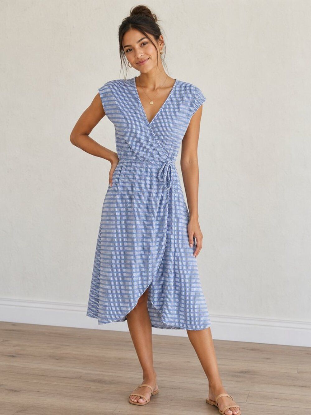 Caution to the Wind Striped Wrap Midi Dress Blue White V-Neck Cap Sleeve S